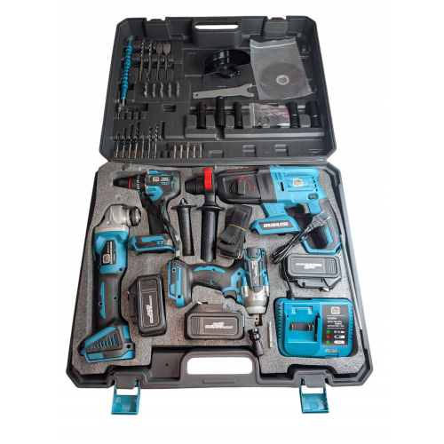 TRUSA 4 PIESE CU ACUMULATORI, GERMAN MEISTER, ROTOPERCUTOR, POLIZOR UNGHIULAR, AUTOFILETANTA CU PERCUTIE, MASINA IMPACT 2 IN 1