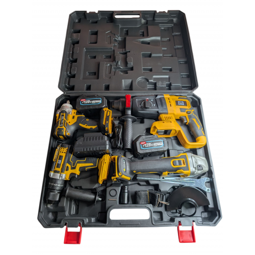 Trusa 4 unelte German Meister cu 2 acumulatori și incarcator, 128V, 8 Ah, Galben