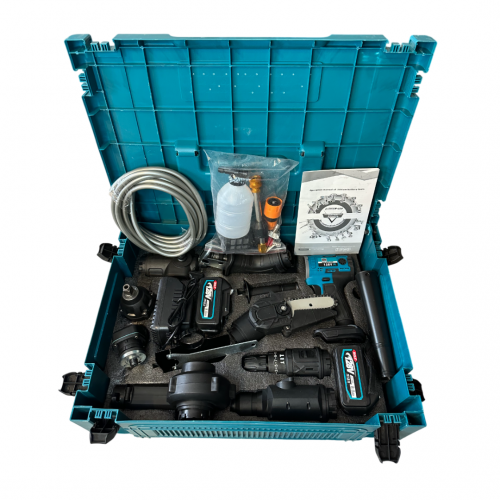 Trusa 8 in 1 German Meister, 128V 8AH cu 2 Acumulatori, Scule Interschimbabile+2 discuri de taiat metal, un disc de taiat lemn, un disc de taiat beton, un set de manusi si o pereche de ochelari