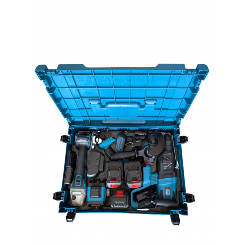 Trusă 5 unelte German Meister cu nivelă laser, 128V, 8Ah: rotopercutor, bormașină, pistol impact, flex